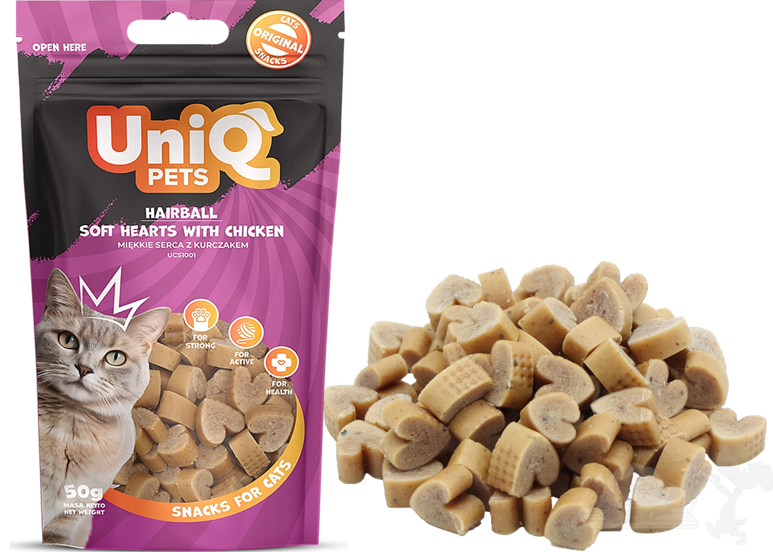 UNIQ PETS masový pamlsek pro kočky proti bezoárům - měkká srdíčka s kuřecím masem 50g