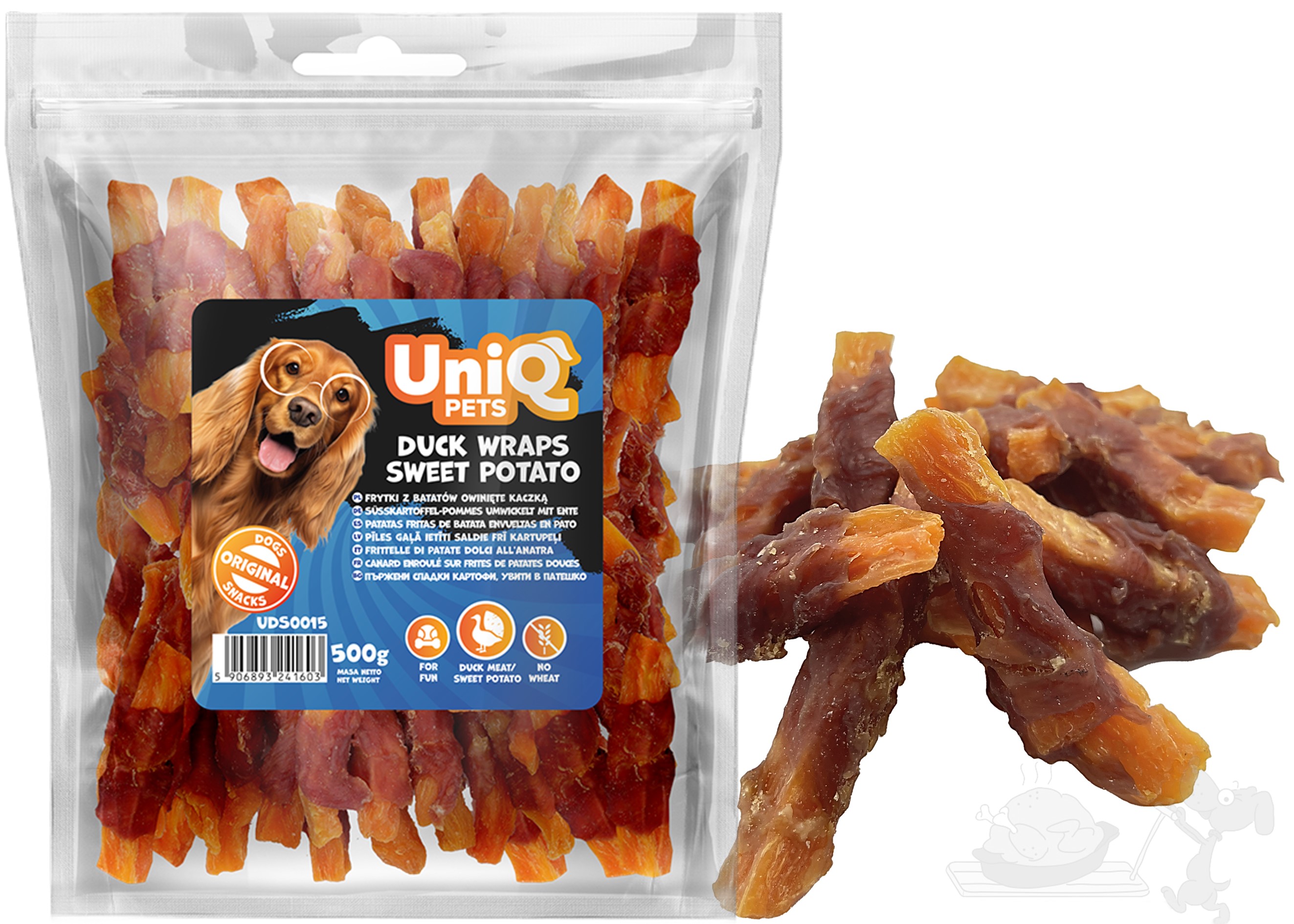 UNIQ PETS Batátové hranolky obalené kachním masem 500g (měkké)