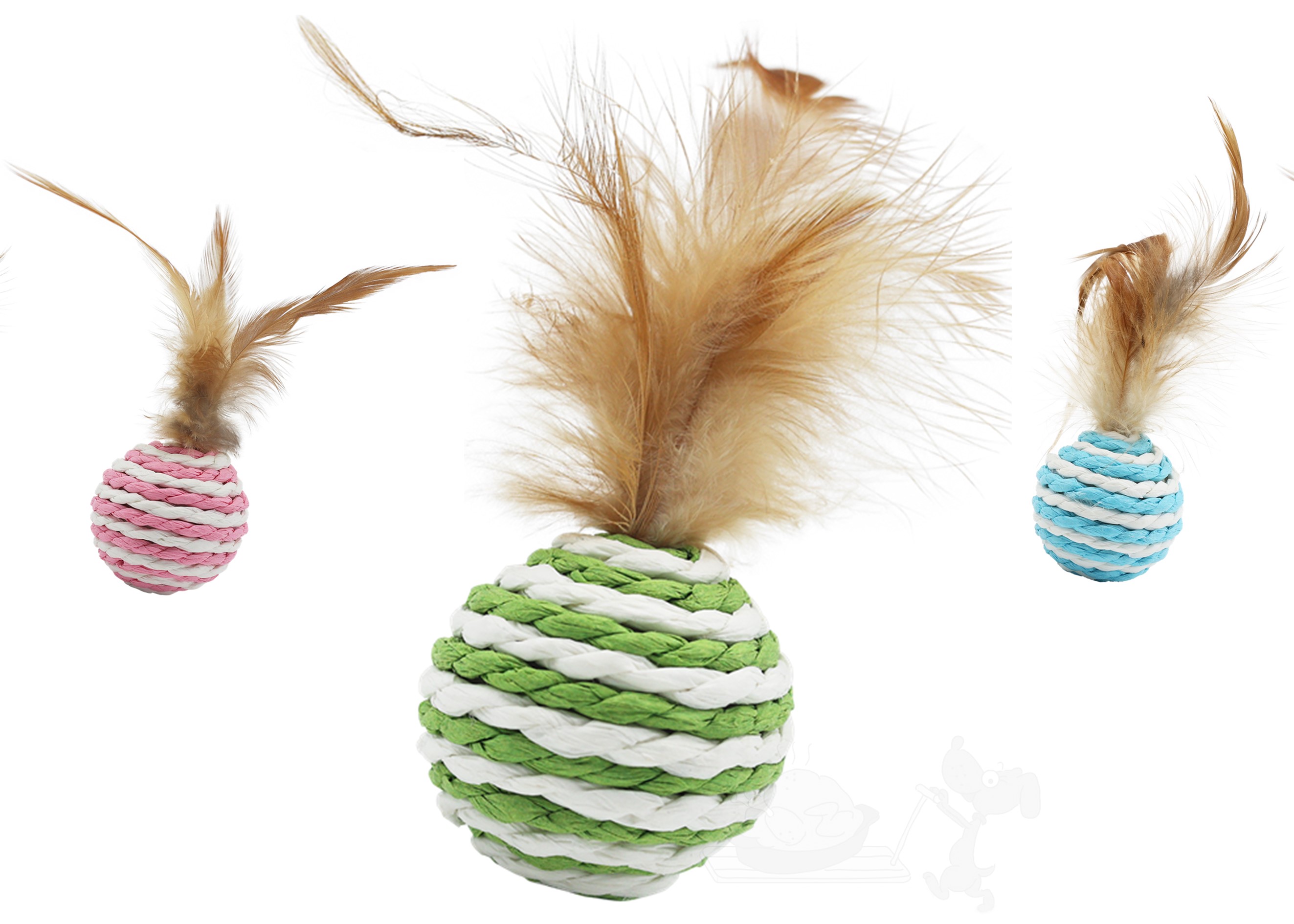 UNIQ PETS hračka pro kočky, míček z přírodního materiálu s peříčkem 4cm