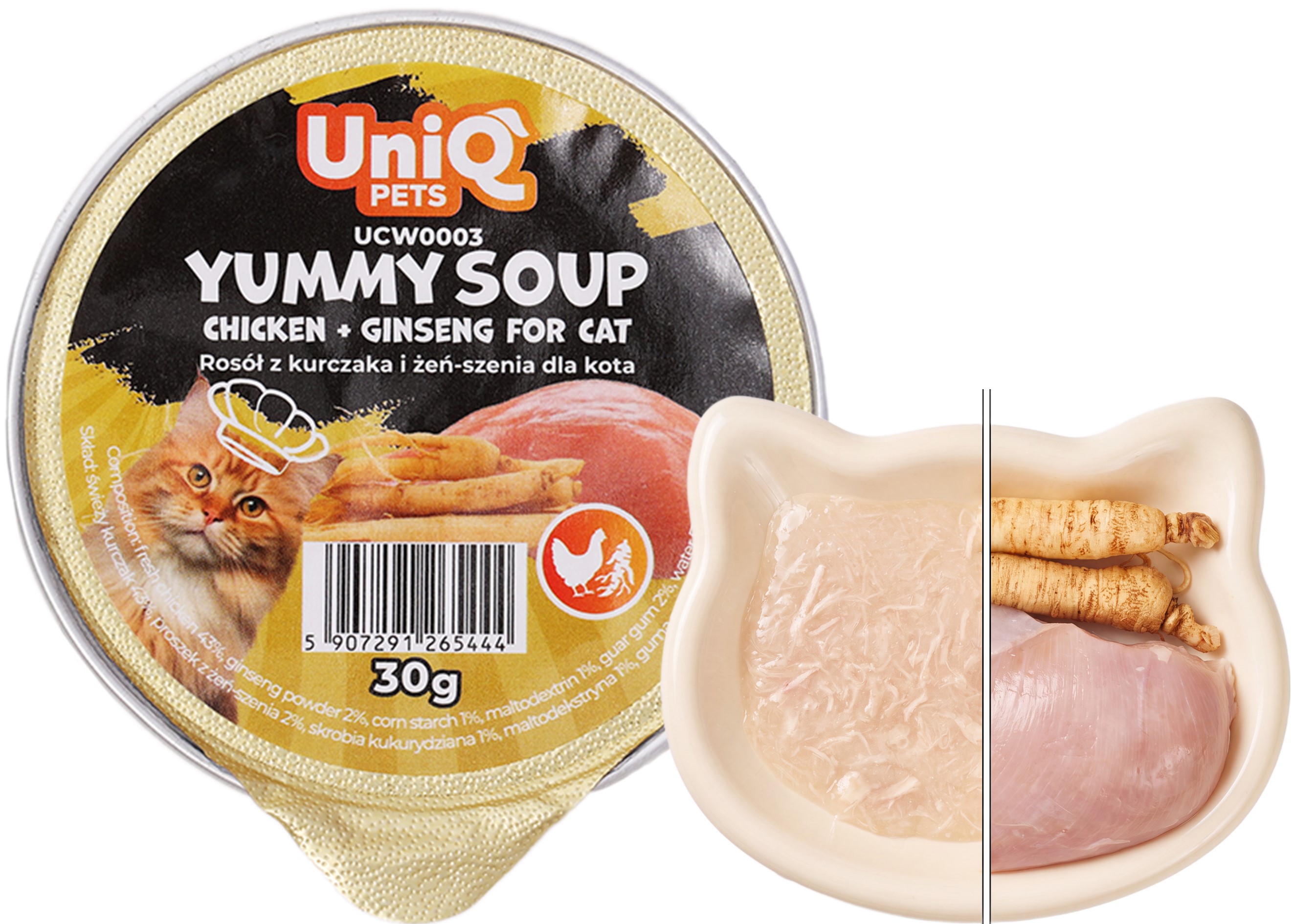 UNIQ PETS polévka pro kočky s kuřetem a ženšenem 30g