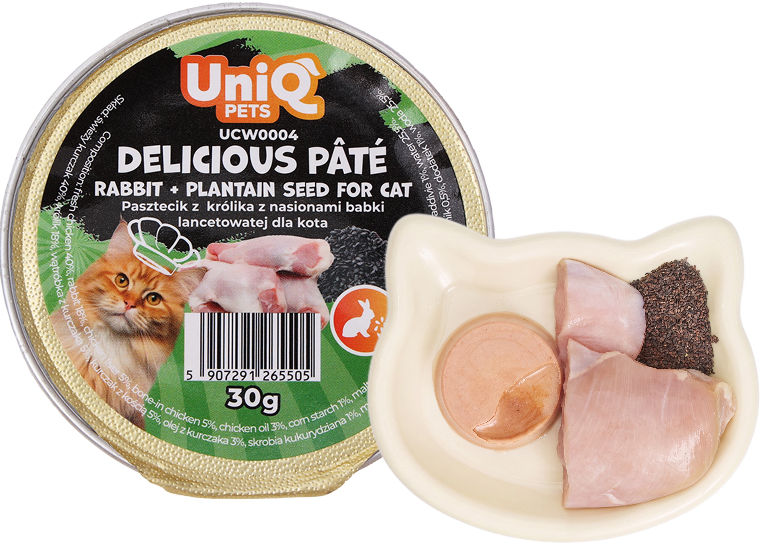 UNIQ PETS paštika pro kočky z králíka a jitrocelových semínek 30g