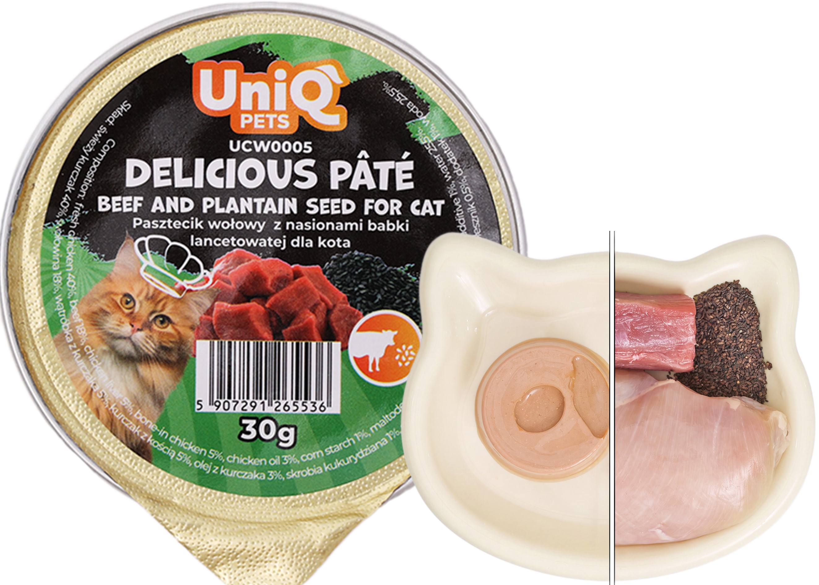 UNIQ PETS paštika pro kočky z hovězího masa a jitrocelových semínek 30g