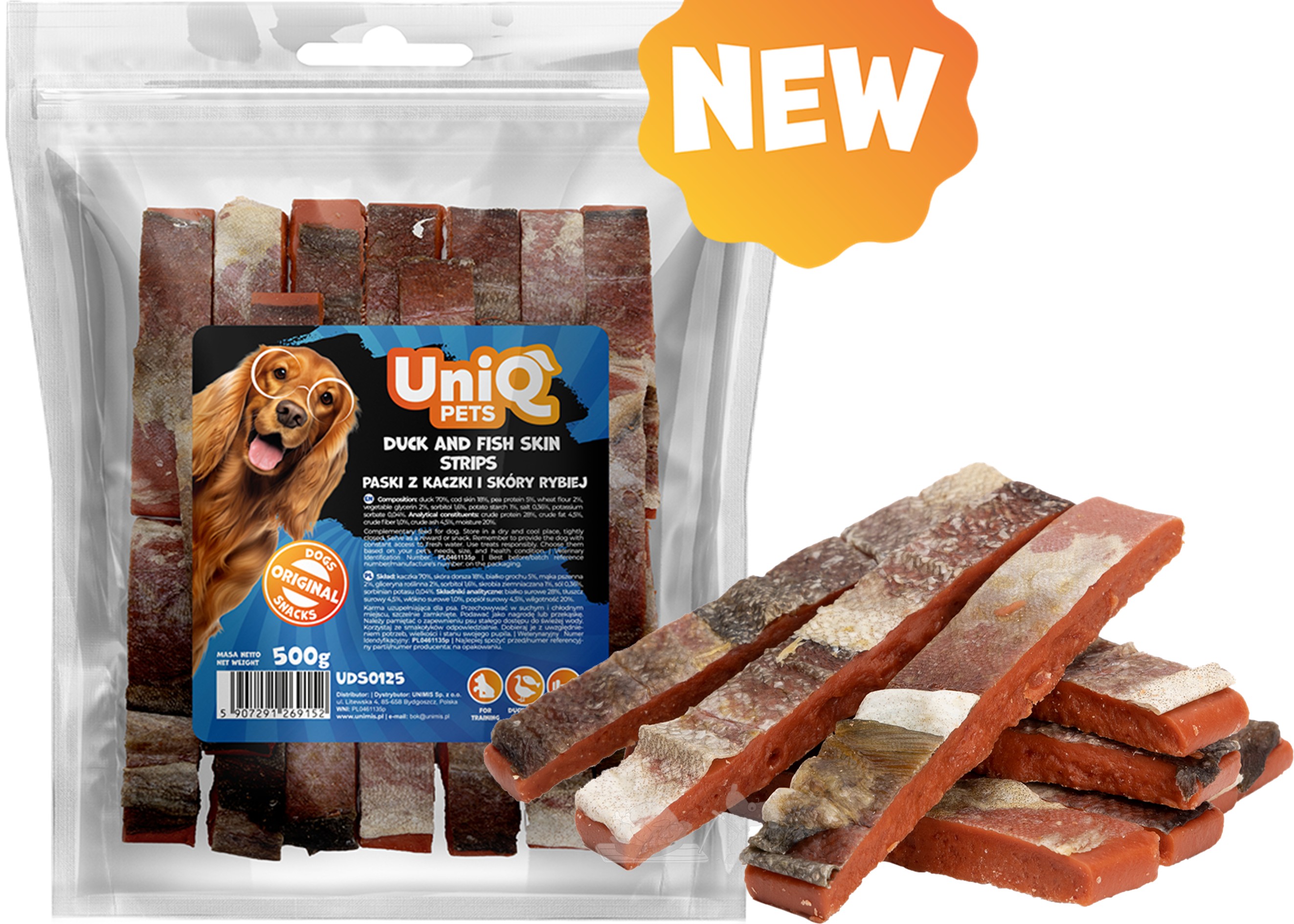 UNIQ PETS kachní masové proužky s tresčí kůží 500g