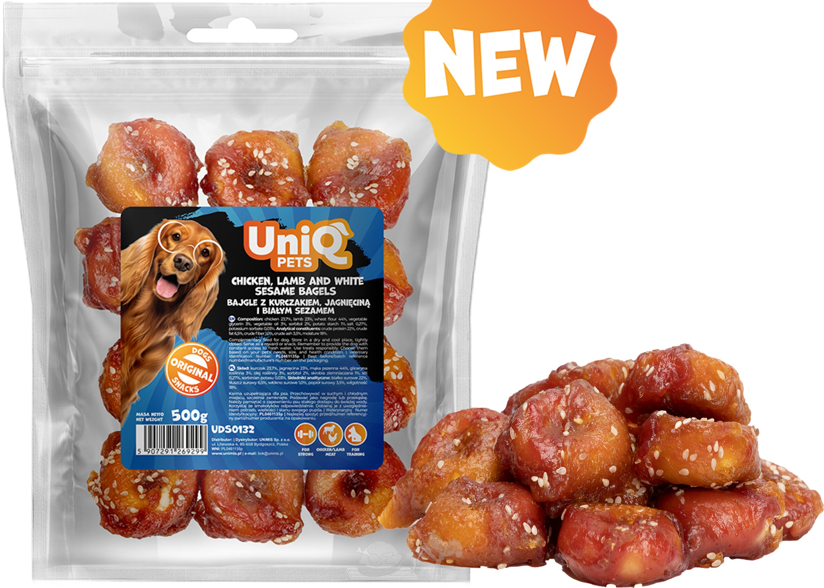 UNIQ PETS věnečky s kuřecím, jehněčím a bílým sezamem 500g