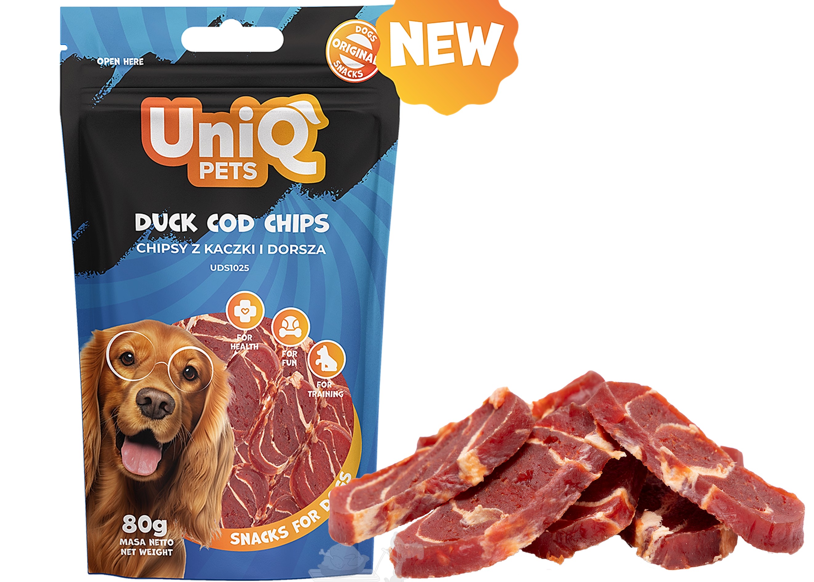 UNIQ PETS Křehké masové plátky WAGGI kachna s treskou 80g