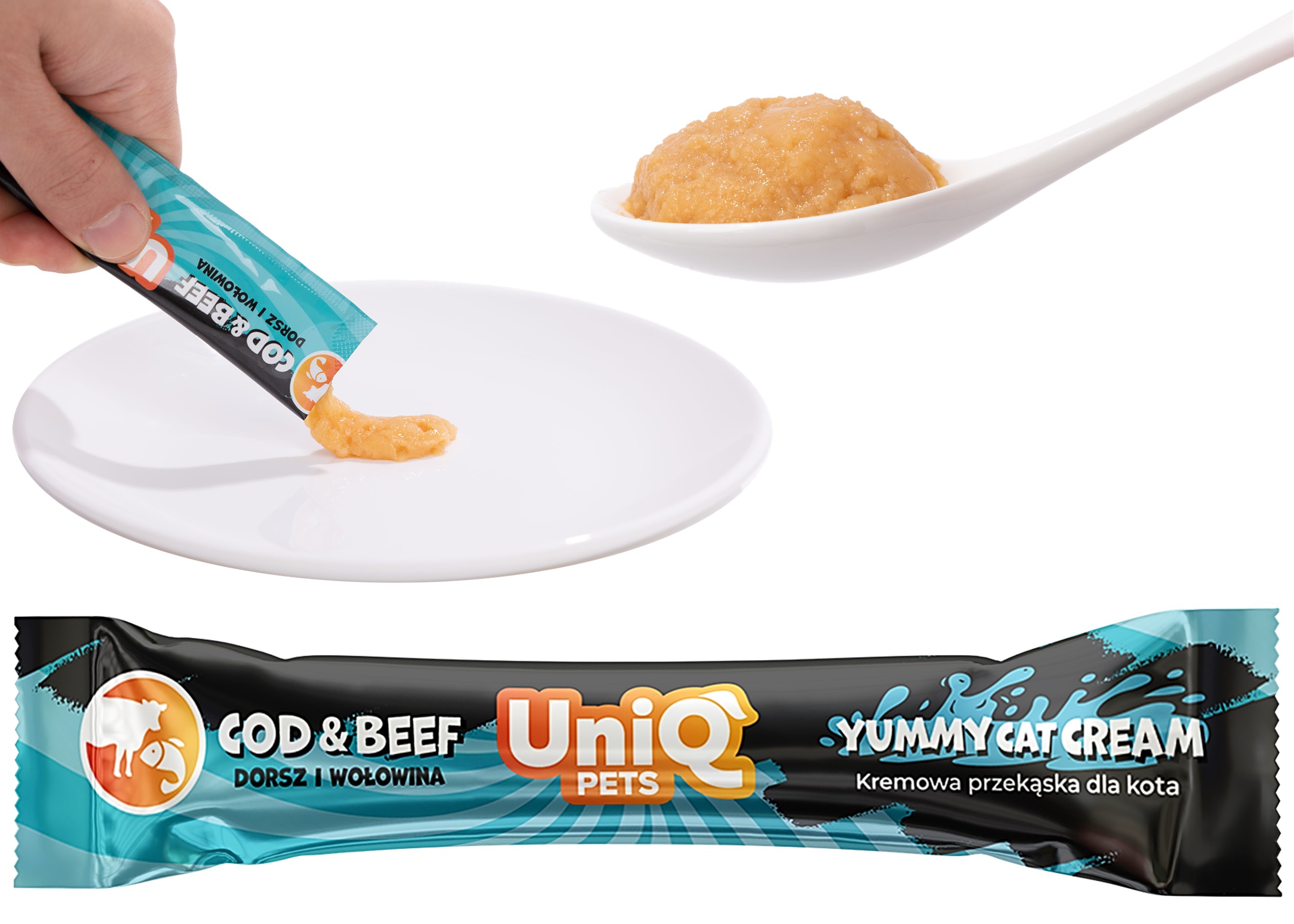 UNIQ PETS CAT lahodný krém pro kočky s hovězím masem a treskou 15g