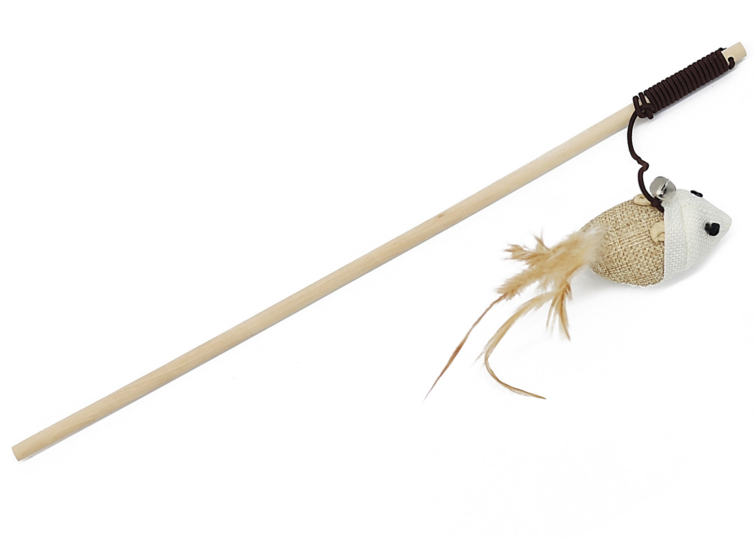 UNIQ PETS dřevěný rybářský prut pro kočky s plyšovou myší a peřím, 40–102cm