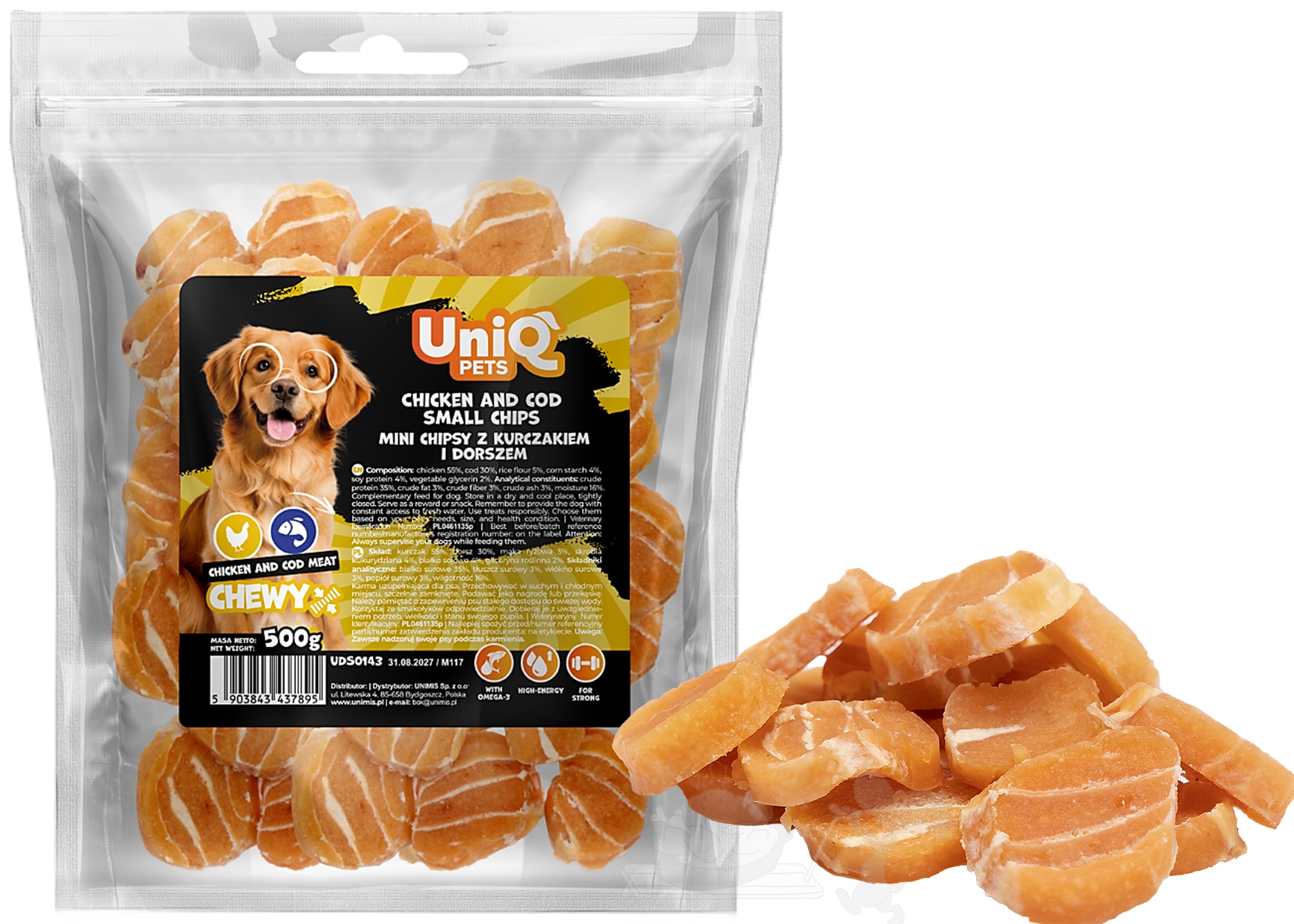 UNIQ PETS masové mini chipsy kuřecí maso s treskou 500g (měkké)