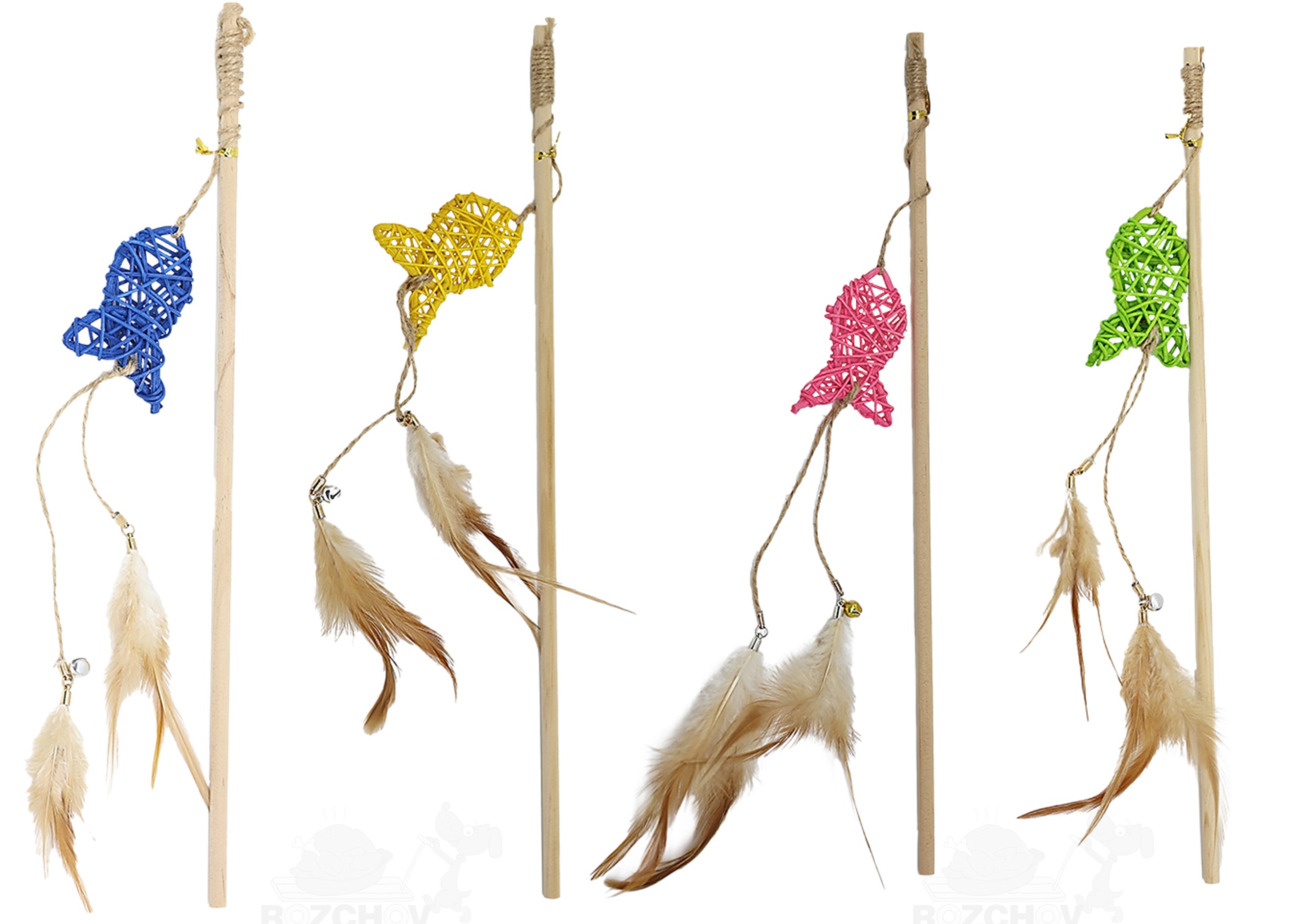 UNIQ PETS dřevěný rybářský prut Swishy pro kočky s pletenou rybkou a peřím 40-47cm
