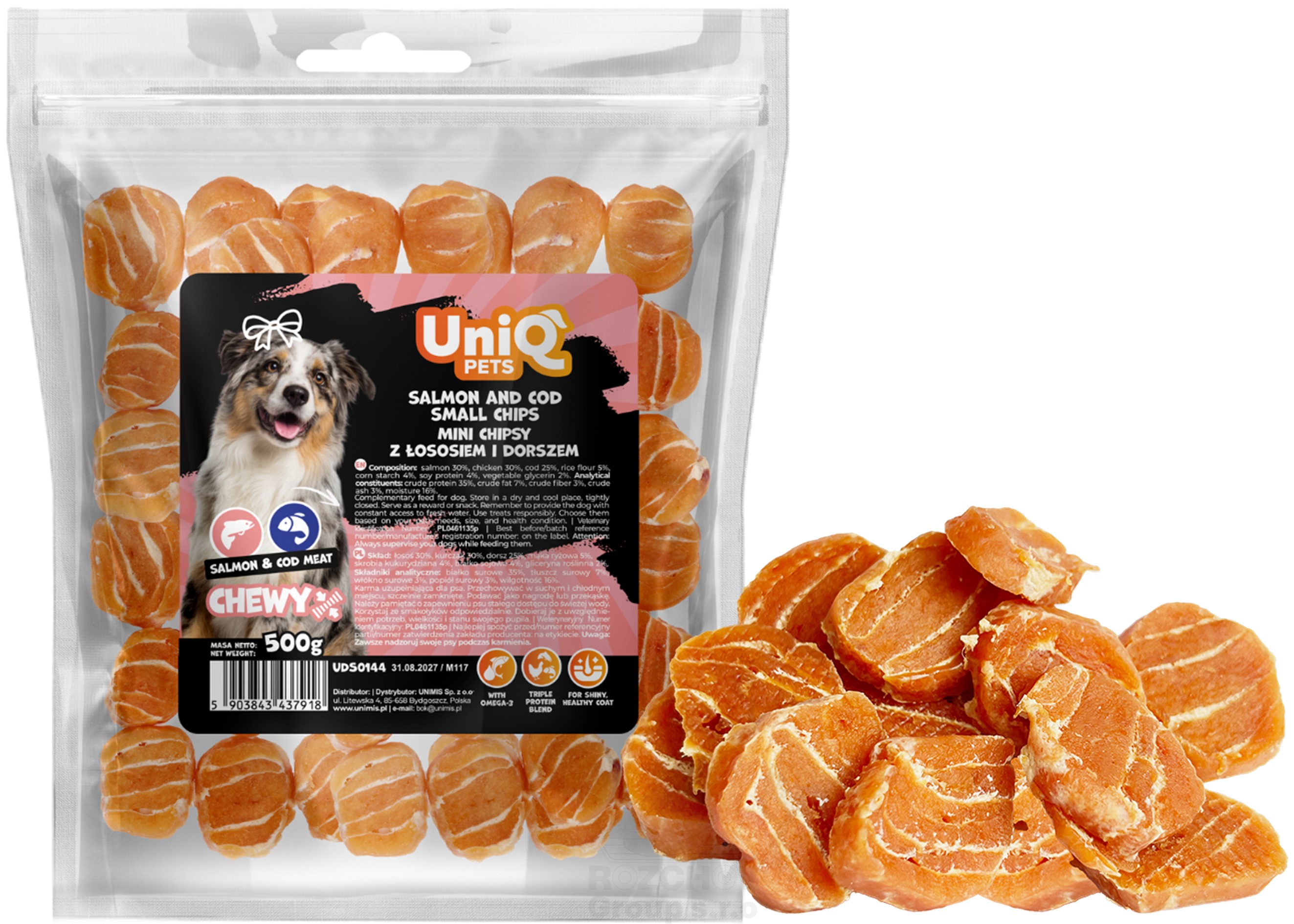 UNIQ PETS malé chipsy losos a treska 500g