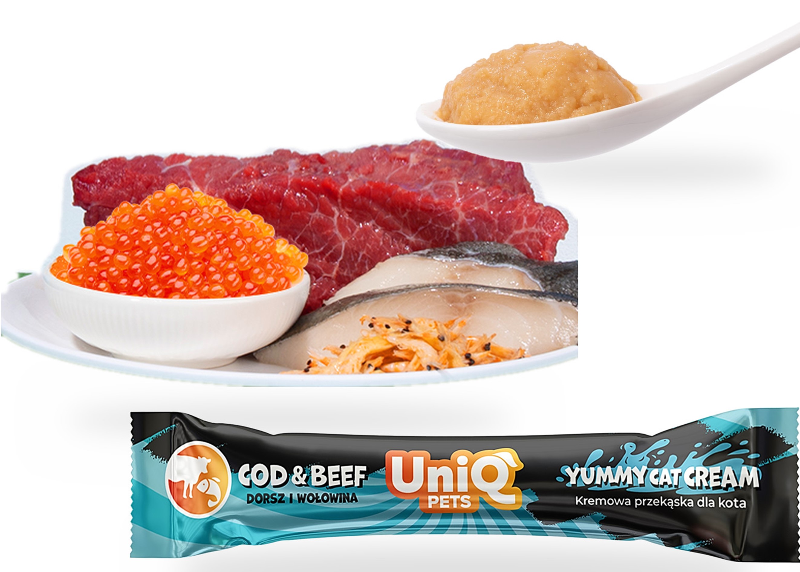 UNIQ PETS CAT lahodný krém pro kočky s hovězím masem, treskou a krilem 15g